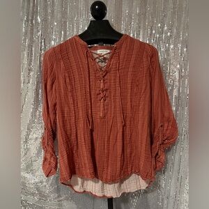 Vintage America Terracotta Lace-Up Blouse sz L🧡